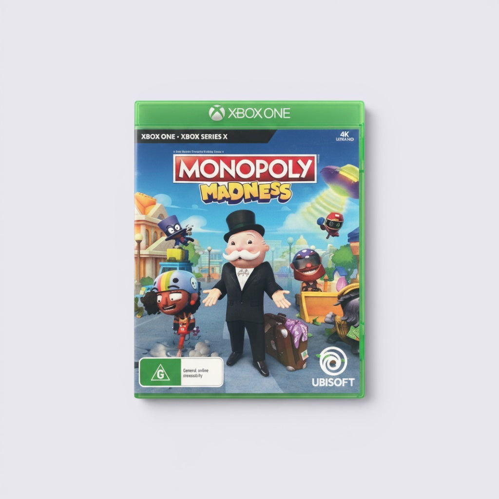 MrPixel Monopoly Madness video game case for Xbox One featuring Mr. Monopoly and chaotic city street characters.