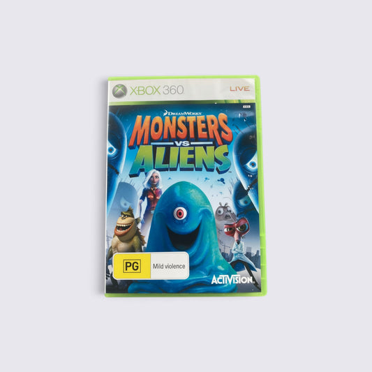 MrPixel Monsters vs Aliens Xbox 360 game case featuring the main monster characters on a blue background