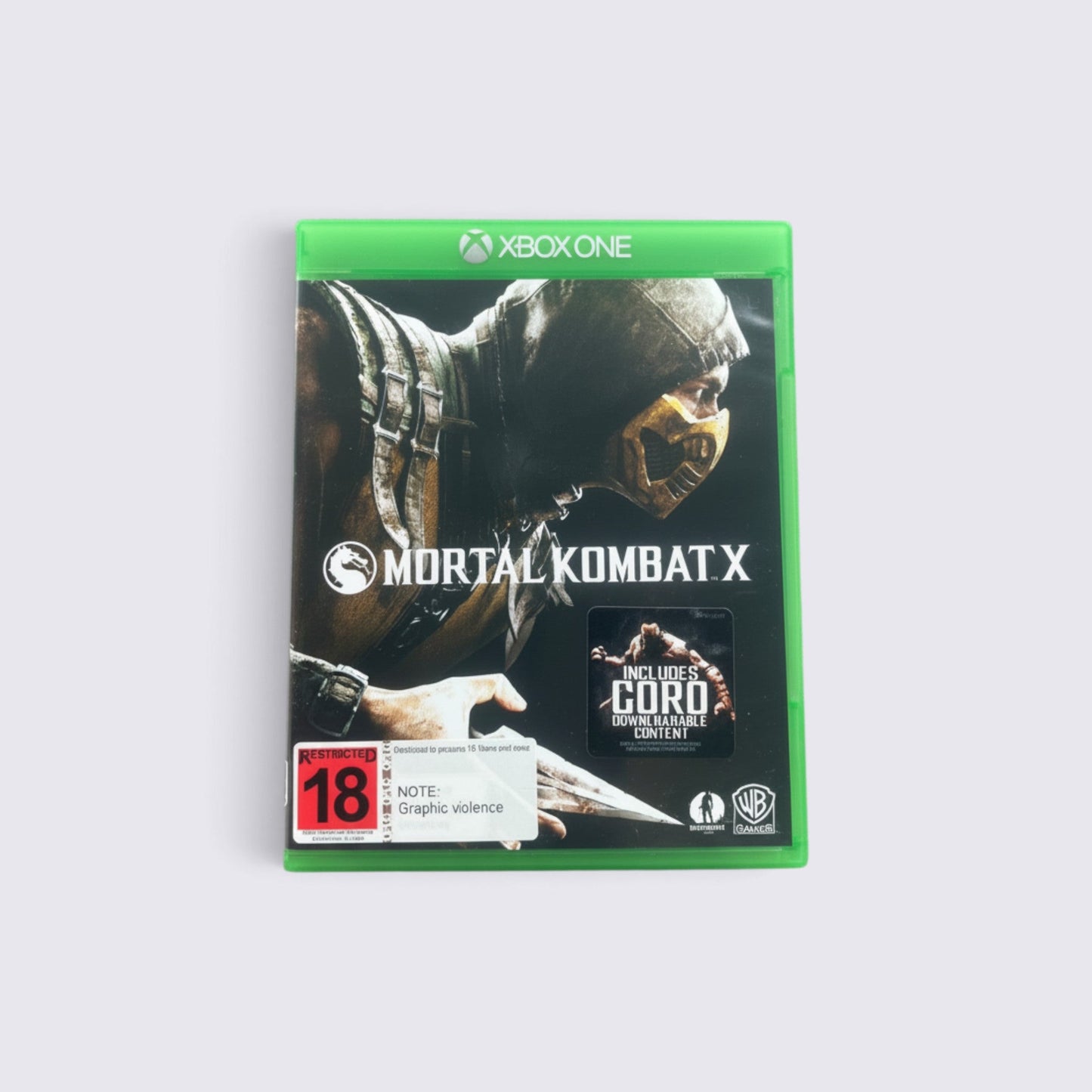 MrPixel Mortal Kombat X Xbox One game case featuring Scorpion on the cover with an 18 rating and Goro DLC sticker.