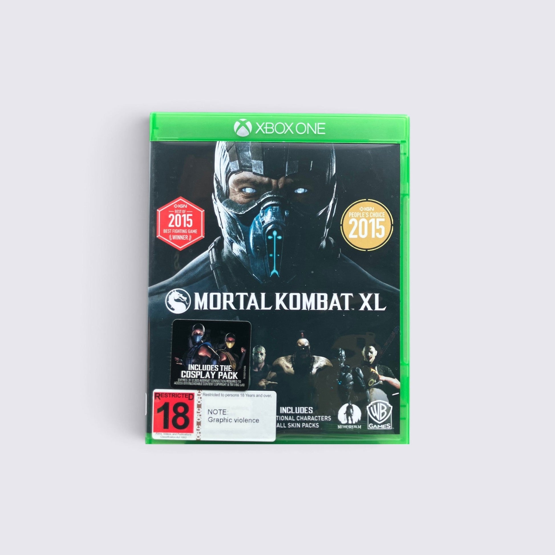 MrPixel Mortal Kombat XL Xbox One game case featuring Sub-Zero and an 18+ age rating label.