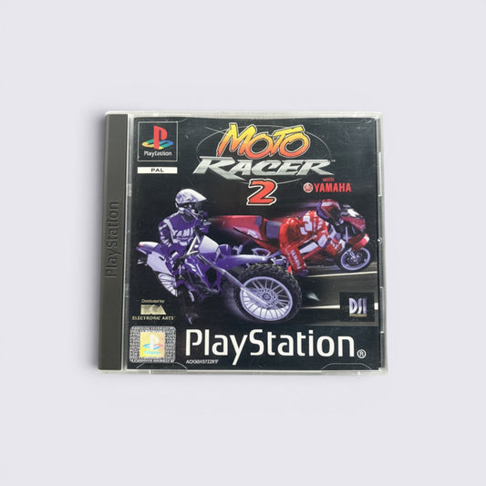 MrPixel Moto Racer 2 PlayStation game case featuring motocross and street racing motorcycles in action.
