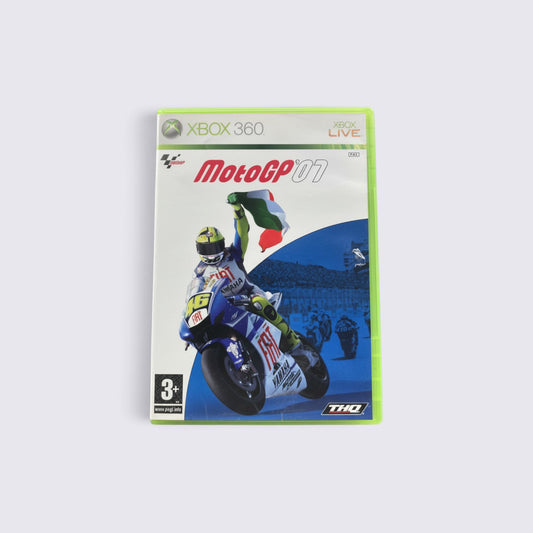 MrPixel Moto GP 07 Xbox 360 game case featuring Valentino Rossi on a Yamaha motorcycle with an Italian flag