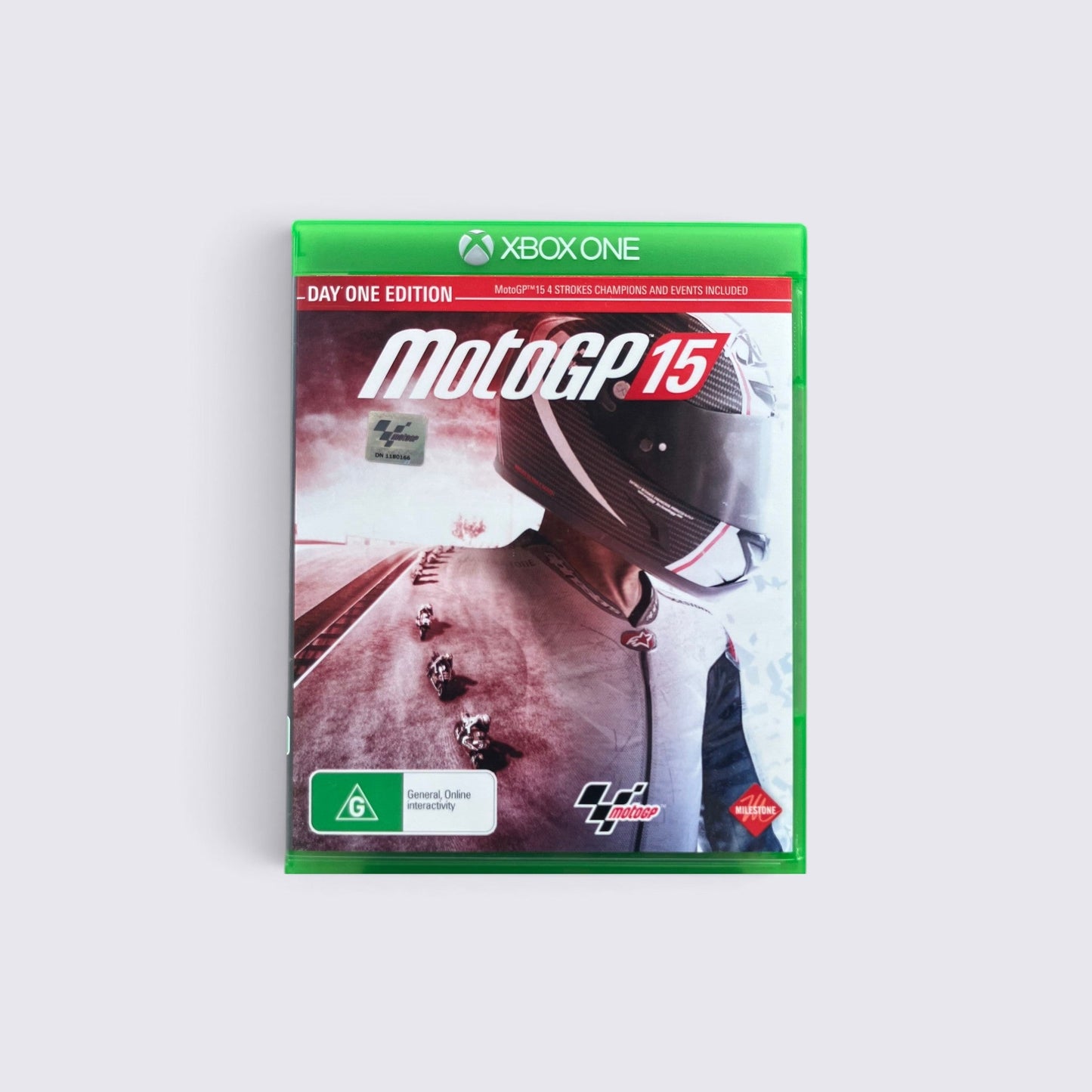 MrPixel Moto GP 15 Day One Edition game case for Xbox One featuring a motorcycle racer on a track