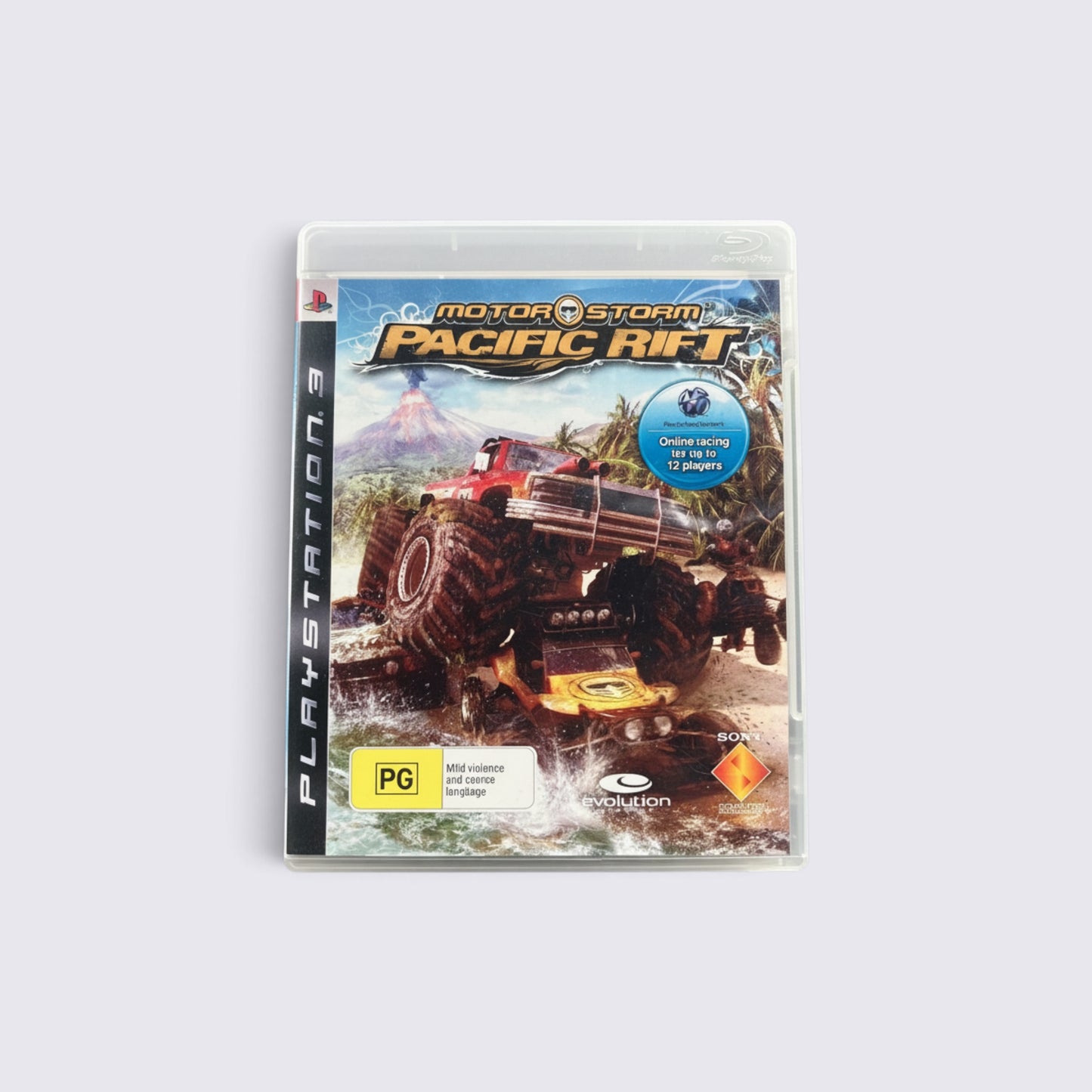 MrPixel MotorStorm Pacific Rift PlayStation 3 game case featuring a monster truck racing on a tropical island track.