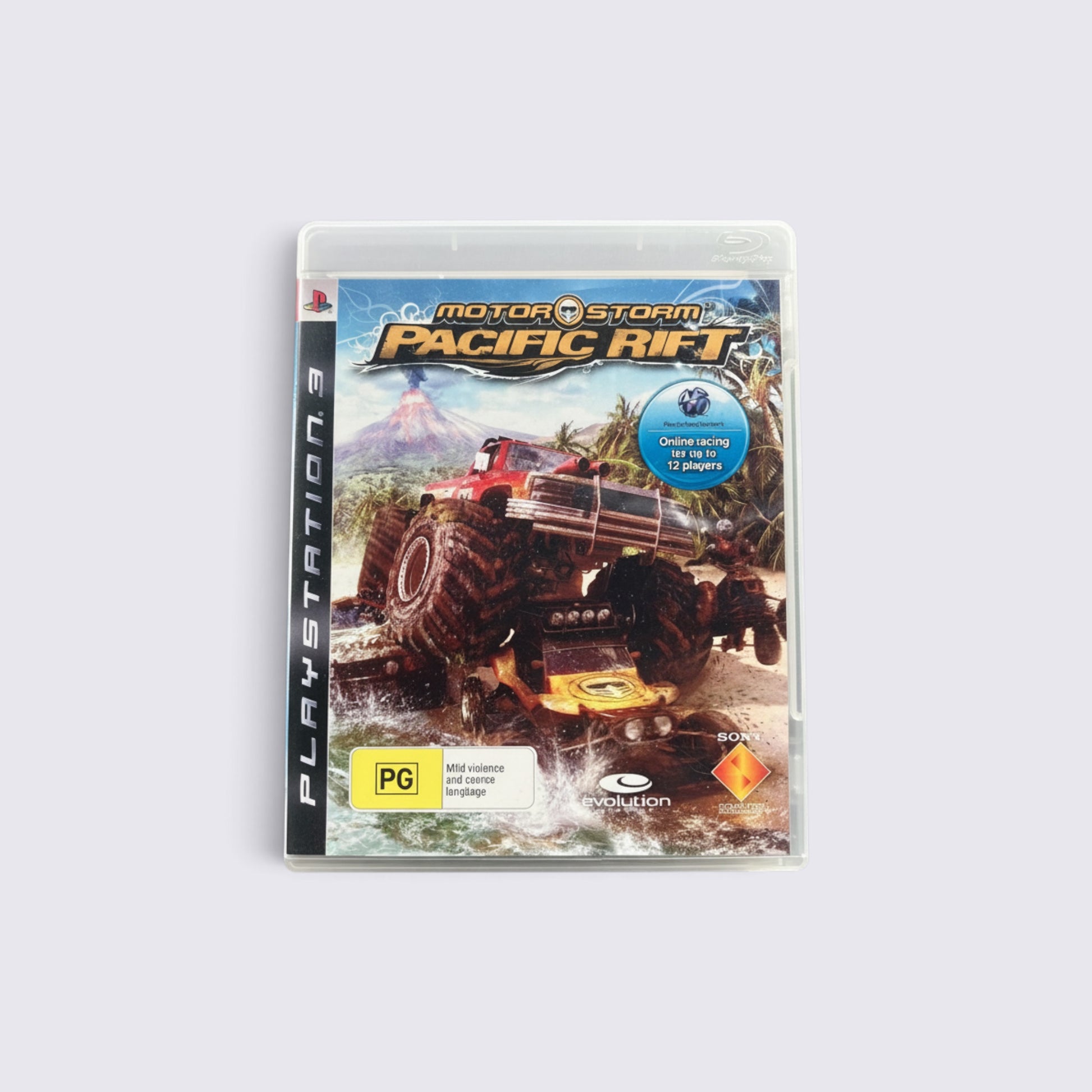 MrPixel MotorStorm Pacific Rift PlayStation 3 game case featuring a monster truck racing on a tropical island track.