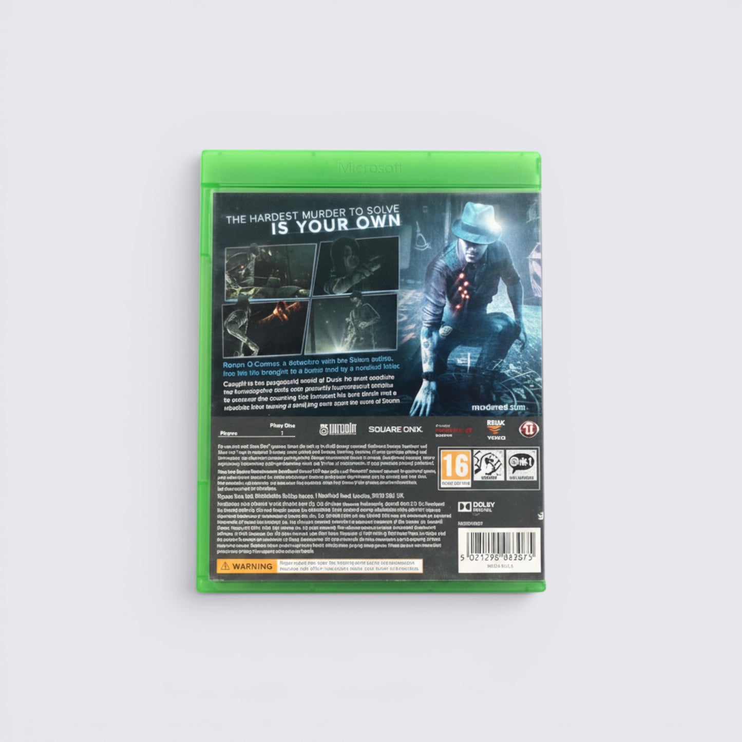 MrPixel Murdered: Soul Suspect Xbox One game case back cover featuring detective Ronan O'Connor in a ghostly setting