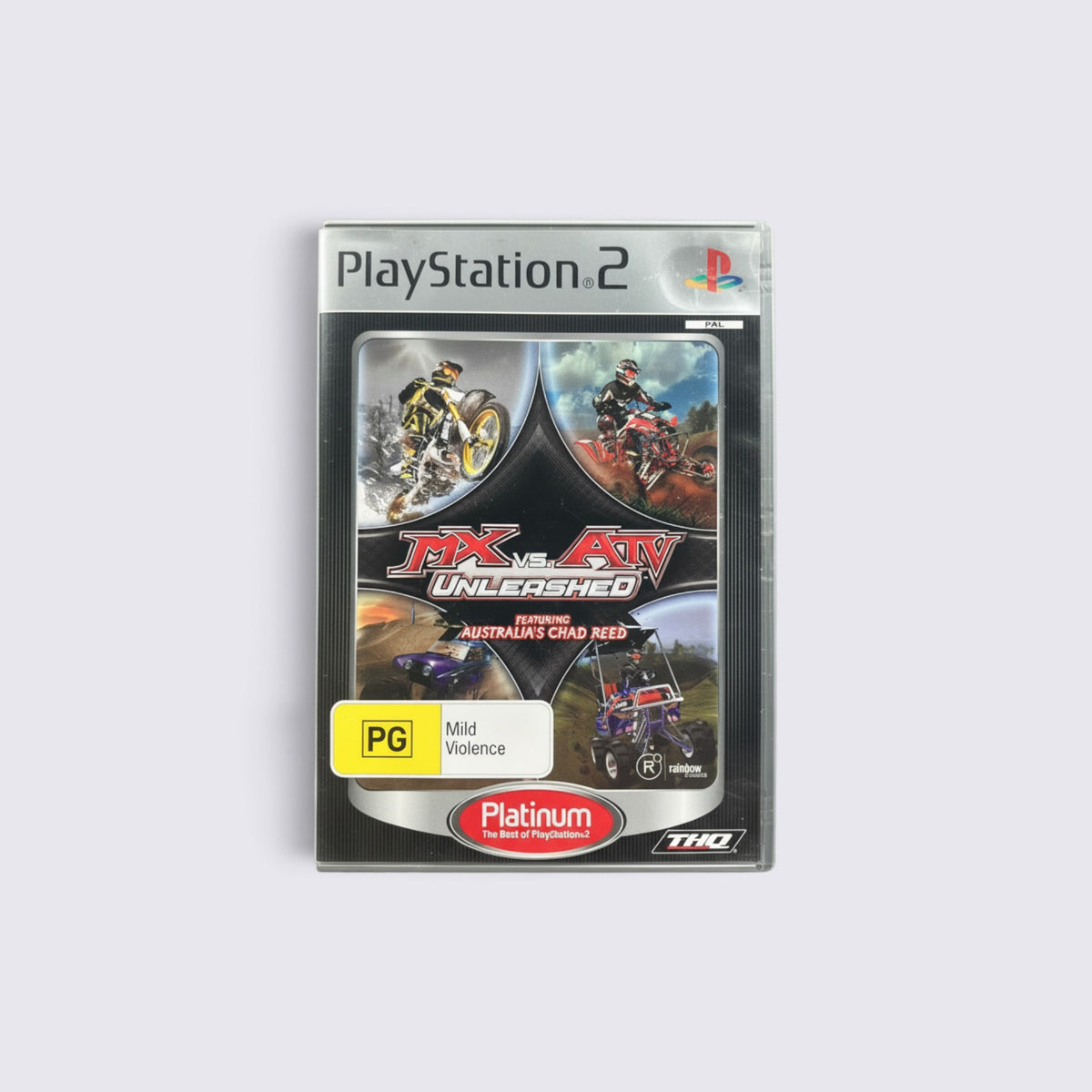 MrPixel MX vs ATV Unleashed Platinum edition game case for PlayStation 2 featuring motocross and ATV racing action