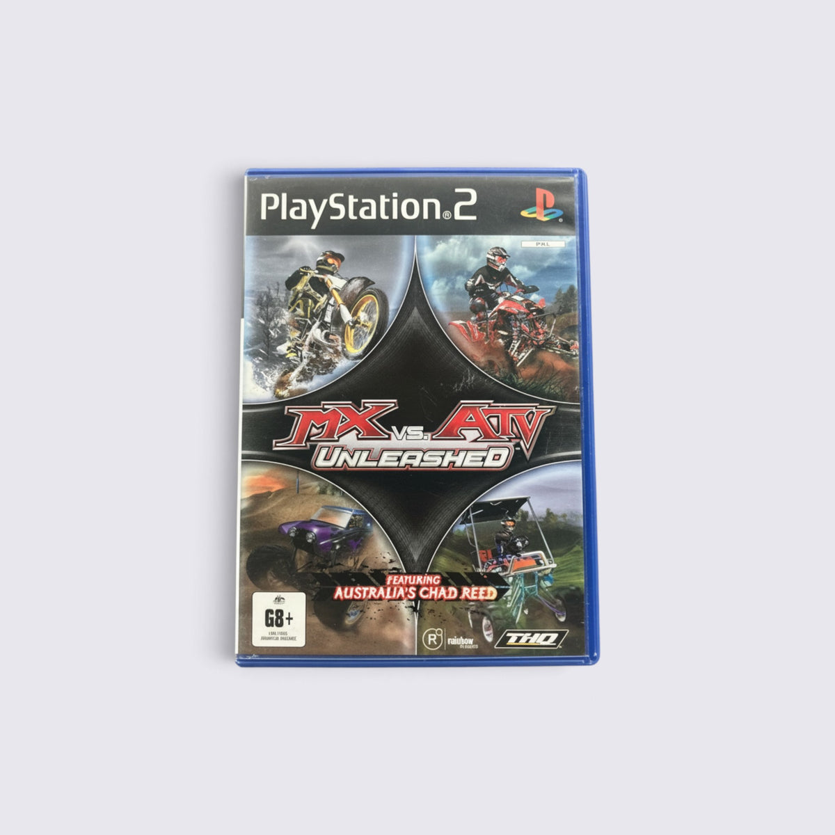 MrPixel MX vs ATV Unleashed PlayStation 2 game case featuring motocross and ATV racing action on a blue plastic box