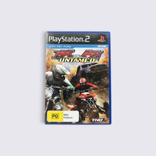 MrPixel MX vs ATV Untamed PlayStation 2 game case featuring motocross bikes and ATVs racing on a dirt track