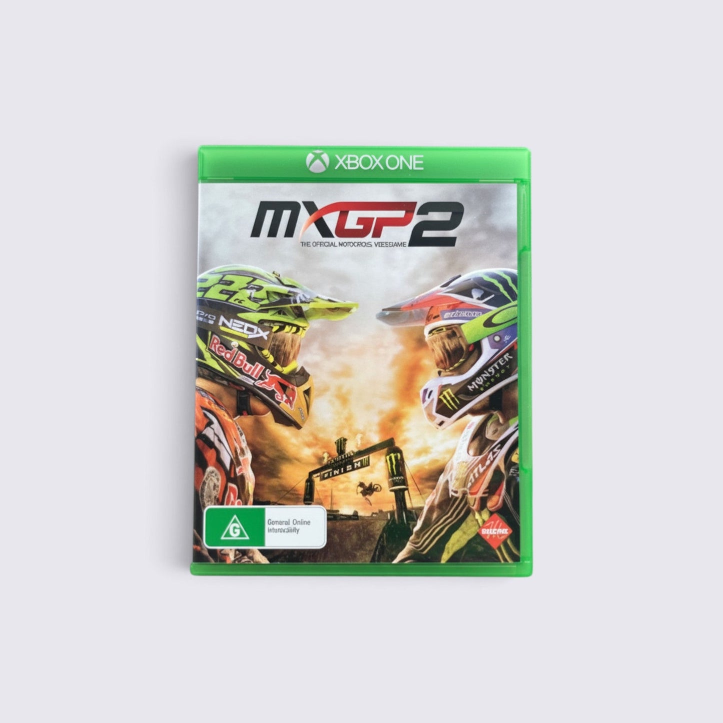 MrPixel MXGP2 Xbox One game case featuring two motocross riders in helmets facing each other on a dirt track.