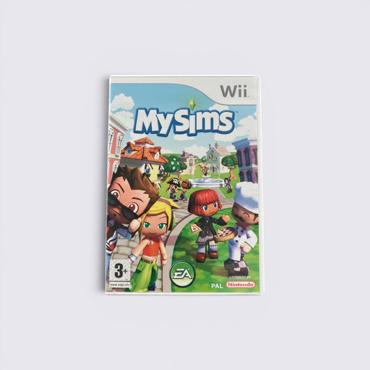MrPixel MySims Wii game case featuring colourful cartoon characters and town building gameplay elements.