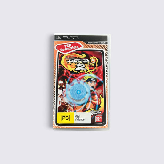 MrPixel Naruto Ultimate Ninja Heroes 2 Essentials PSP game case with vibrant character art and blue energy effect