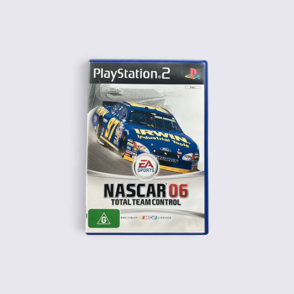 MrPixel NASCAR 06: Total Team Control PlayStation 2 game case featuring a blue and yellow stock car on the cover.