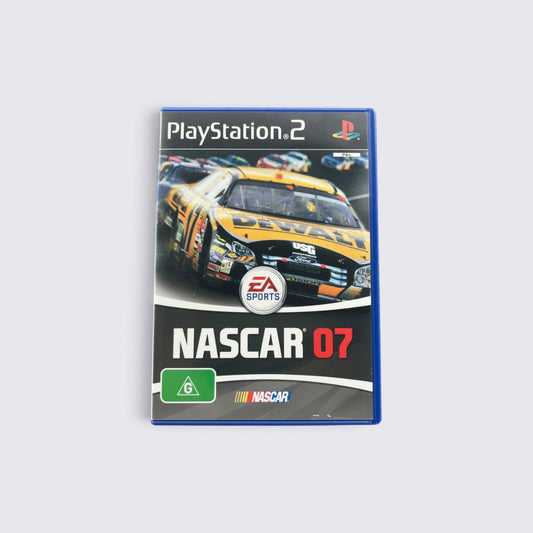 MrPixel NASCAR 07 PlayStation 2 game case featuring a yellow DeWalt stock car on a racing track