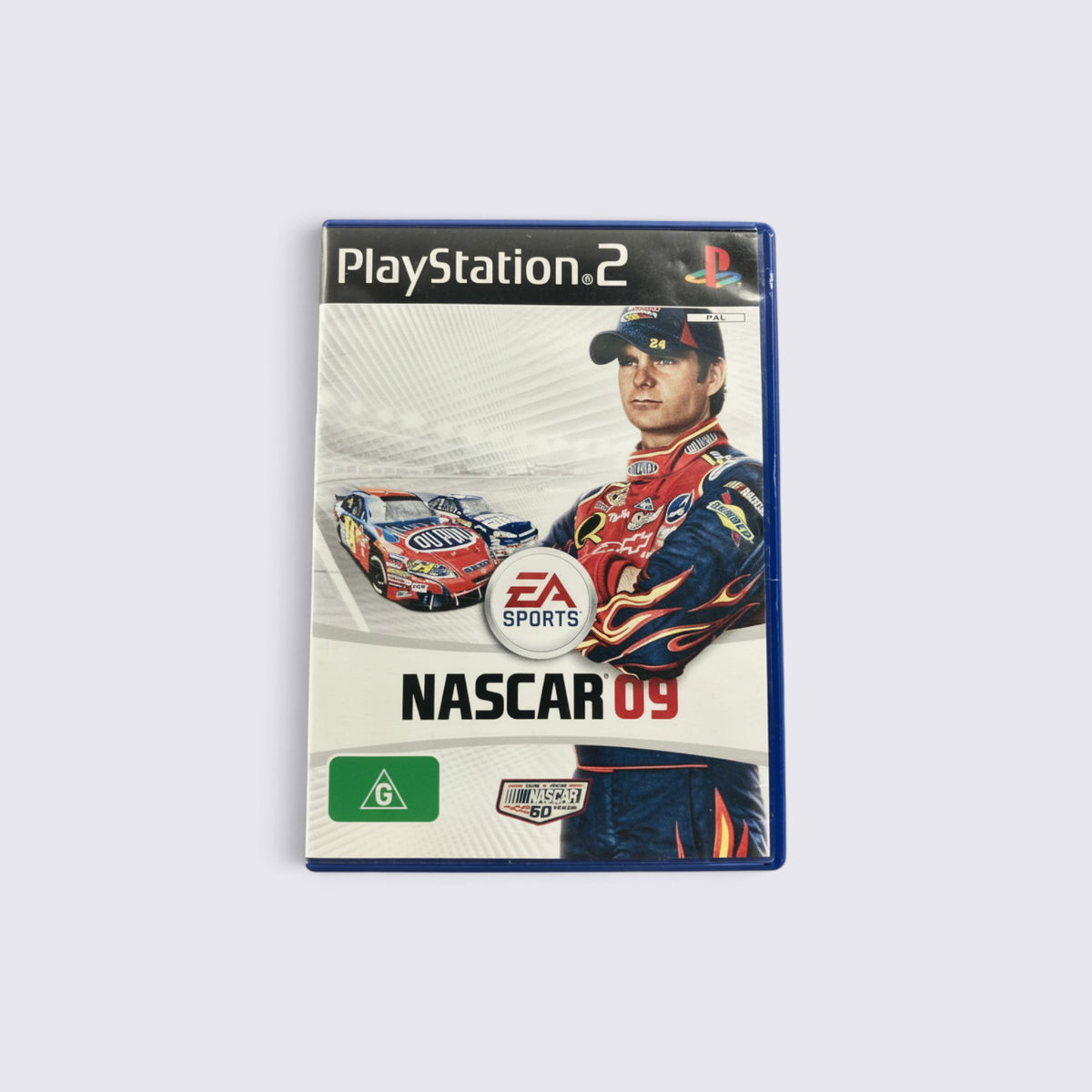 MrPixel NASCAR 09 PlayStation 2 game case featuring a race car driver and stock cars on the cover