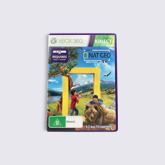 MrPixel Kinect Nat Geo TV America the Wild Xbox 360 game case featuring wildlife exploration and nature imagery.