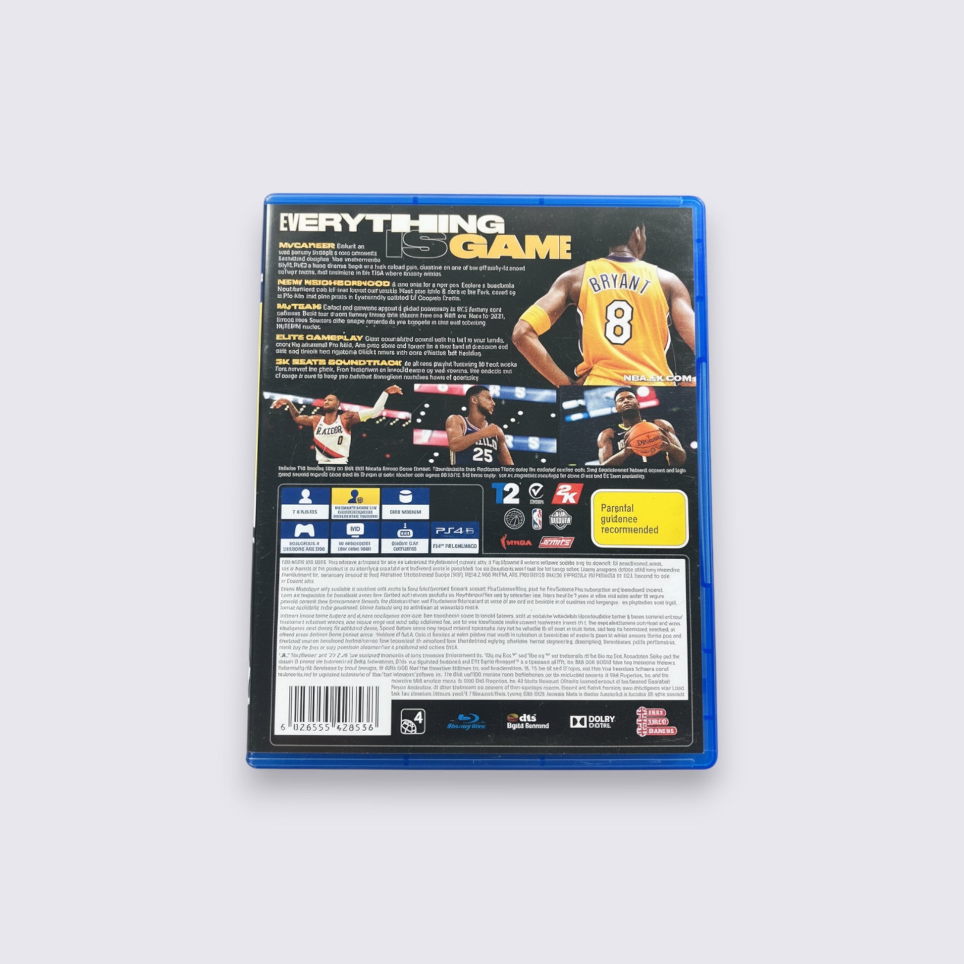 Back cover of MrPixel NBA 2K21 Mamba Forever Edition for PS4 featuring Kobe Bryant and basketball gameplay graphics.