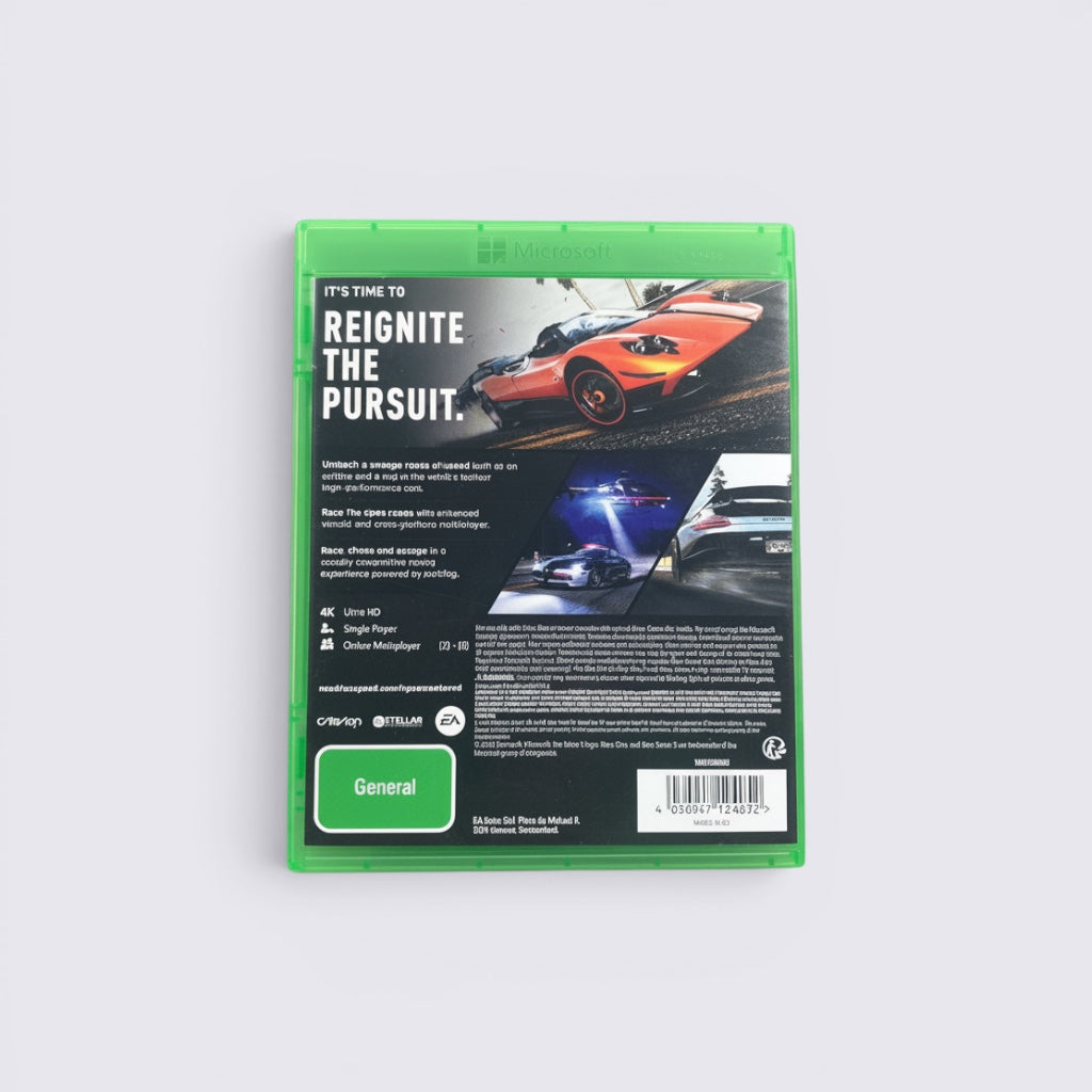 MrPixel Need for Speed Hot Pursuit Remastered Xbox game case back cover featuring supercar racing and police pursuit.