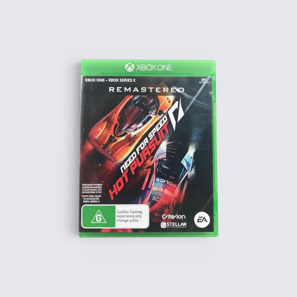 MrPixel Need for Speed Hot Pursuit Remastered game case for Xbox One and Series X featuring a high-speed car chase.