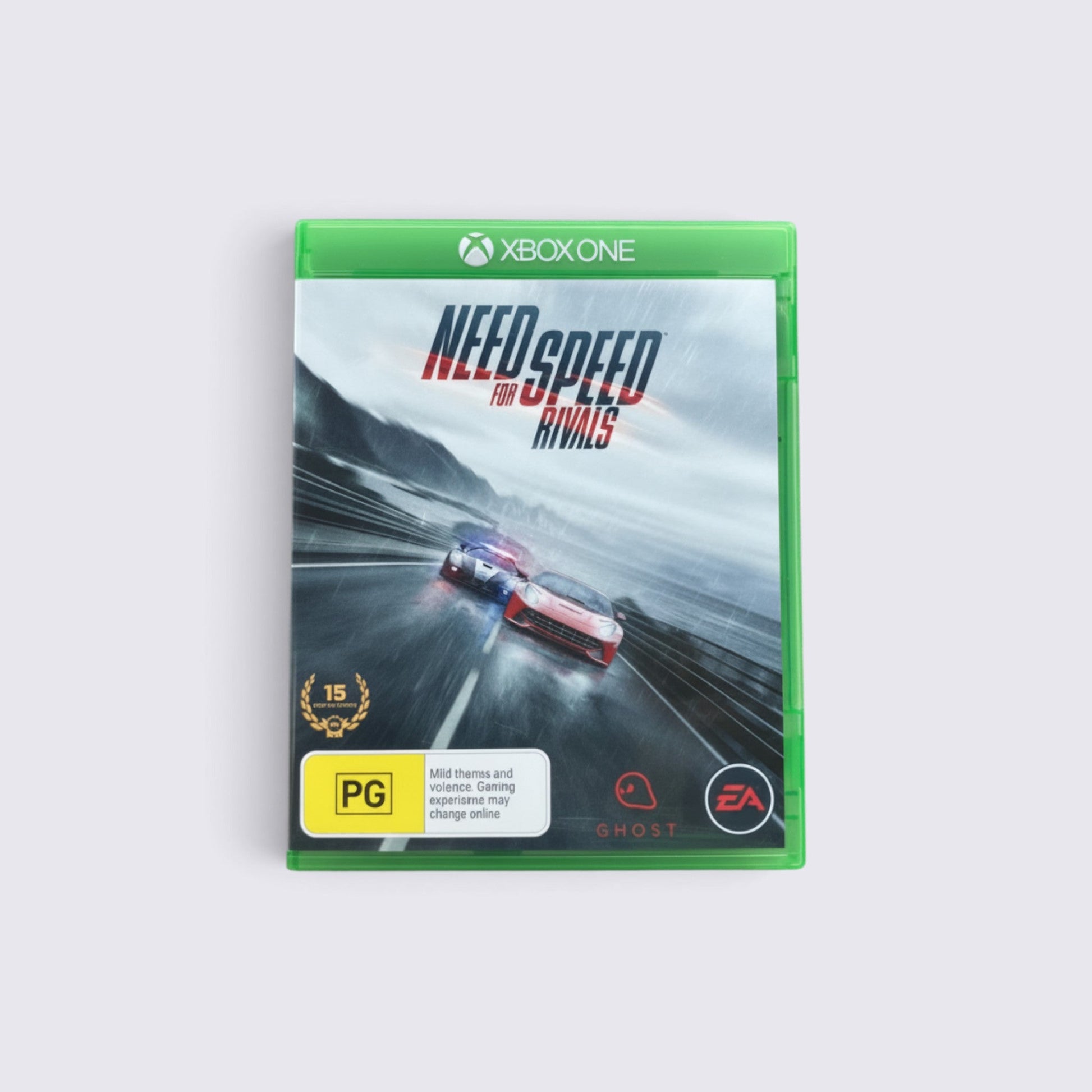 MrPixel Need for Speed Rivals video game for Xbox One featuring a high-speed police chase on a wet asphalt road.