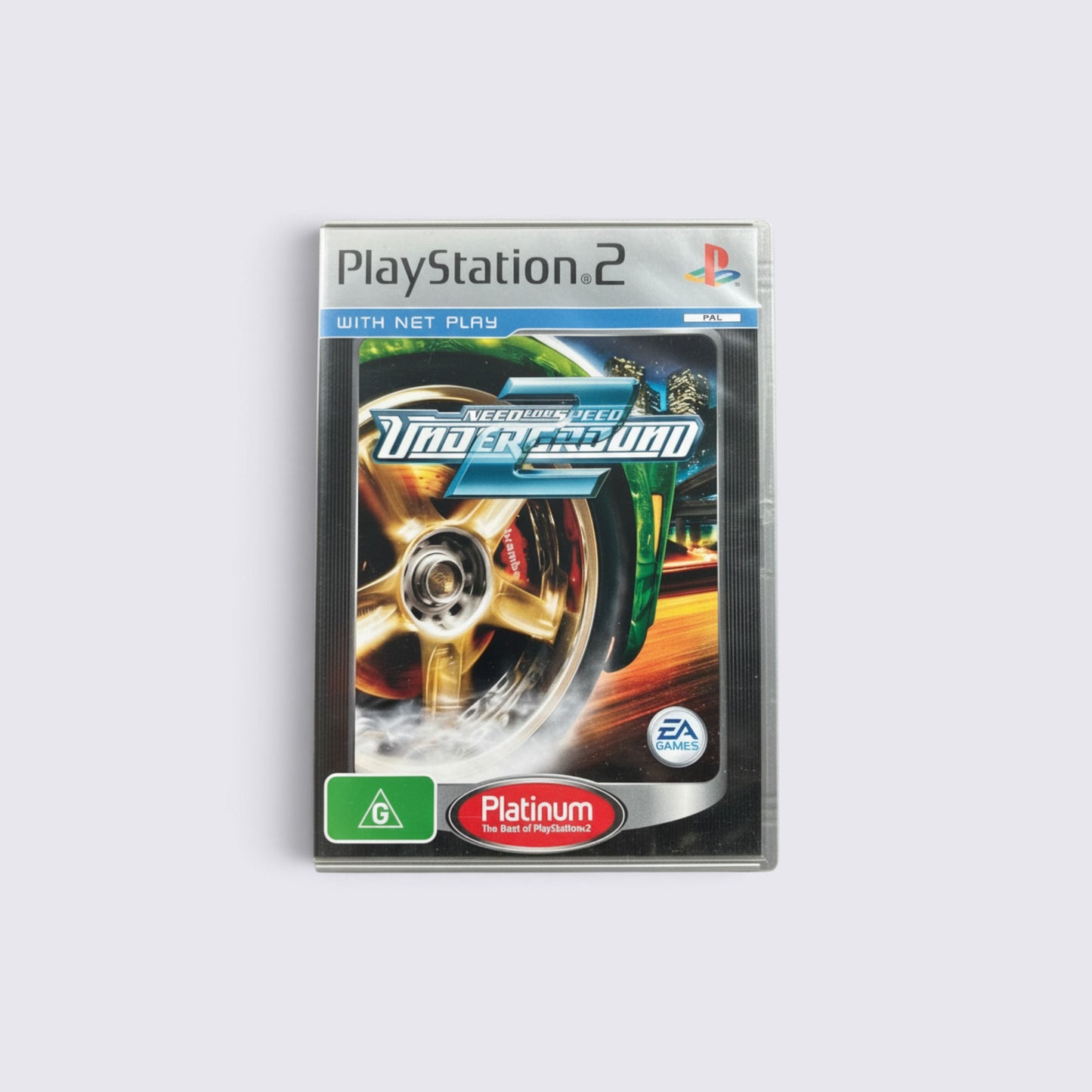 MrPixel Need for Speed Underground 2 Platinum edition game case for PlayStation 2 featuring a racing car wheel