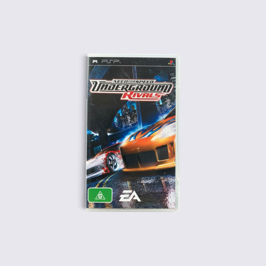 MrPixel Need for Speed: Underground Rivals PSP game case featuring an orange modified sports car on a city street.