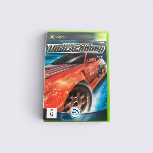 MrPixel Need for Speed: Underground Xbox game case featuring a modified orange sports car in a neon city setting.