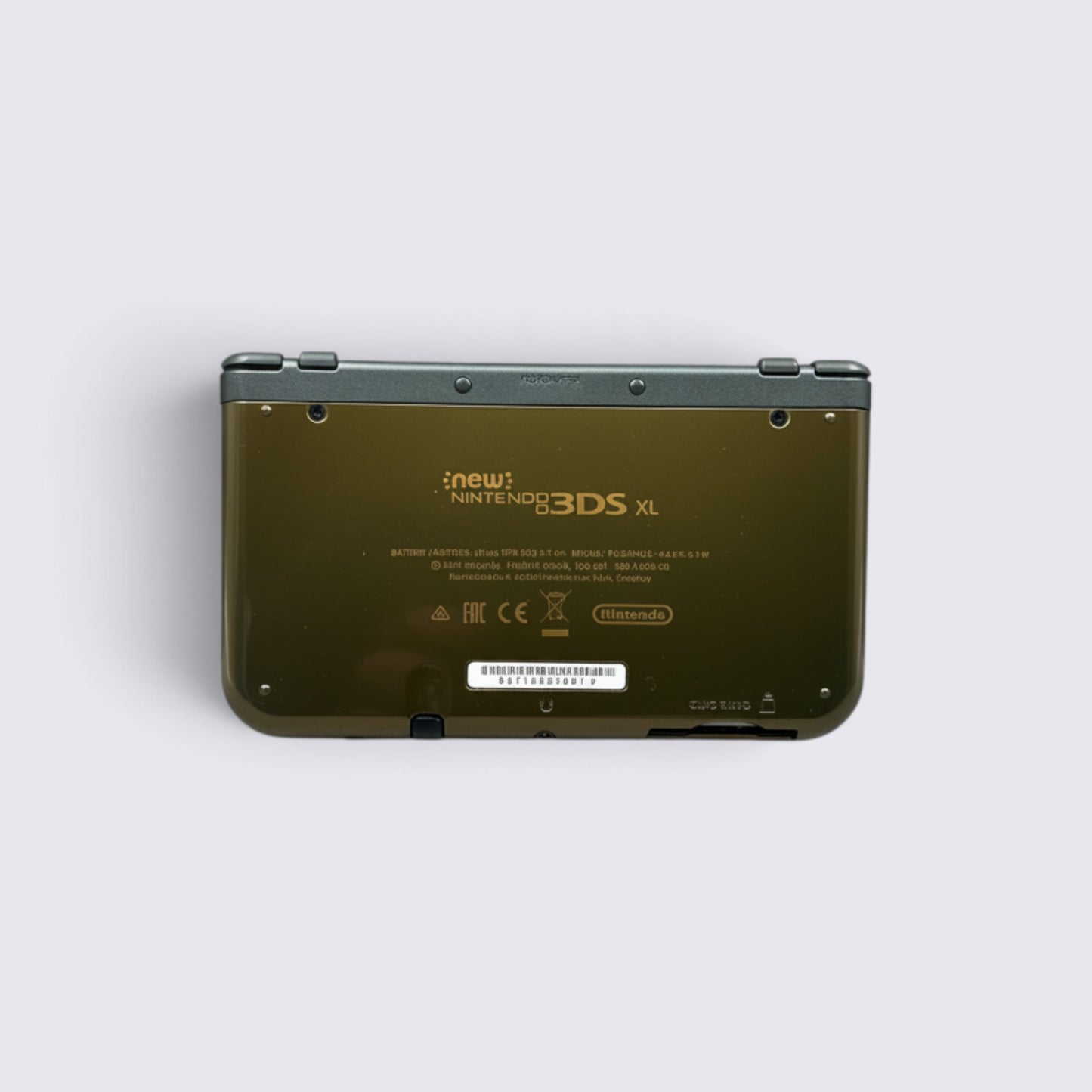 MrPixel New Nintendo 3DS XL Hyrule Edition console in gold with rear view showing branding and technical details