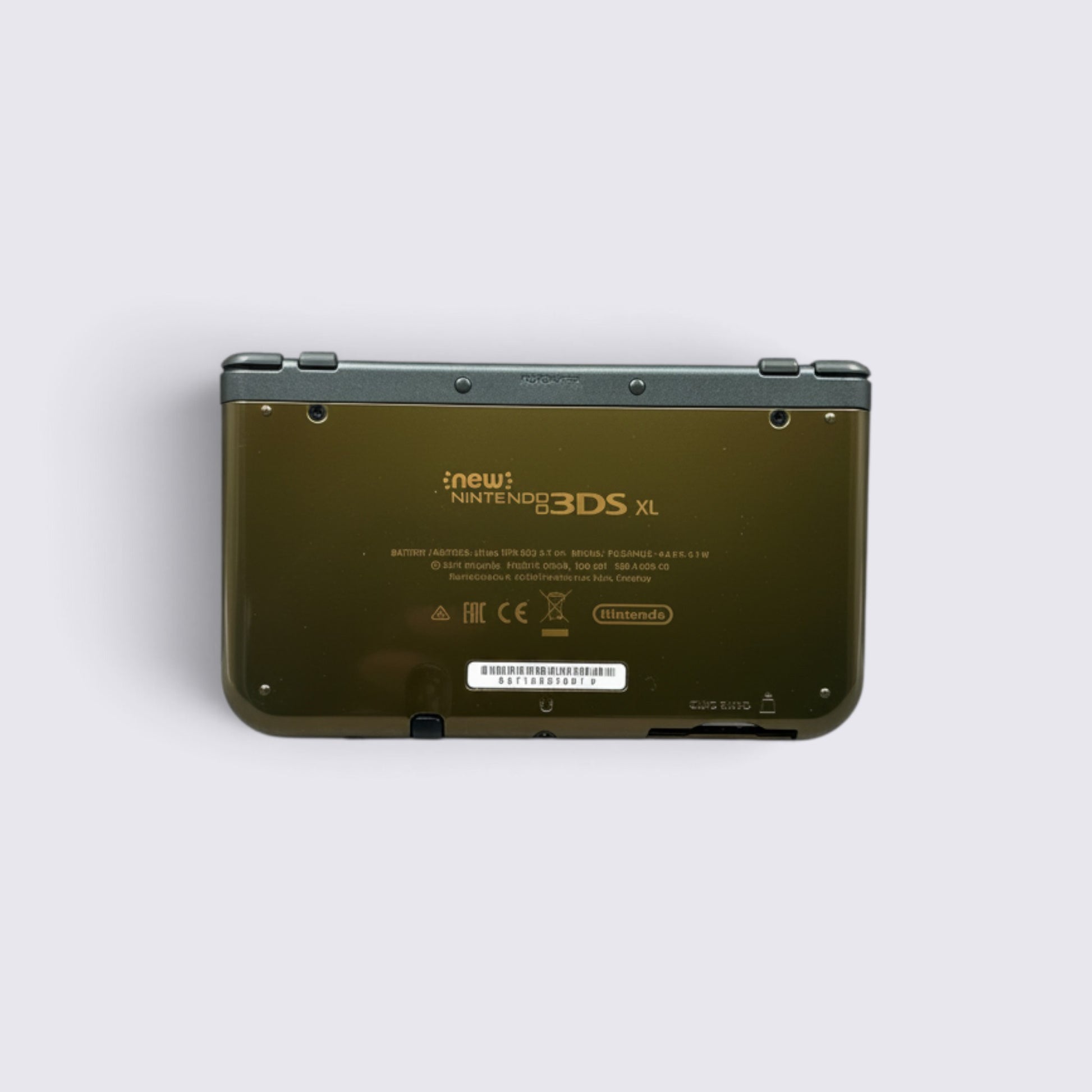 MrPixel New Nintendo 3DS XL Hyrule Edition console in gold with rear view showing branding and technical details