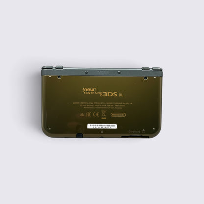 MrPixel New Nintendo 3DS XL Hyrule Edition console in gold with rear view showing branding and technical details