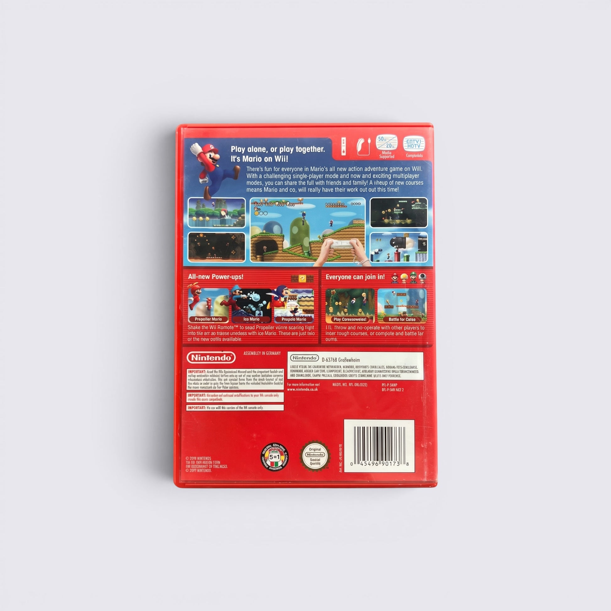 MrPixel New Super Mario Bros. Wii game case back cover featuring gameplay screenshots, power-ups, and multiplayer info.
