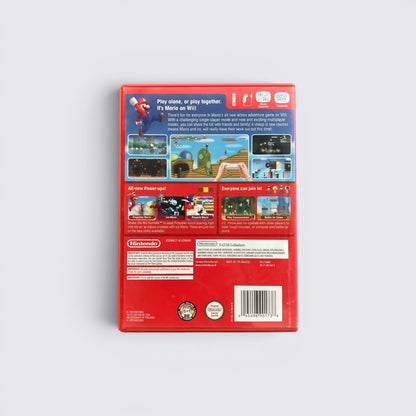 MrPixel New Super Mario Bros. Wii game case back cover featuring gameplay screenshots, power-ups, and multiplayer info.
