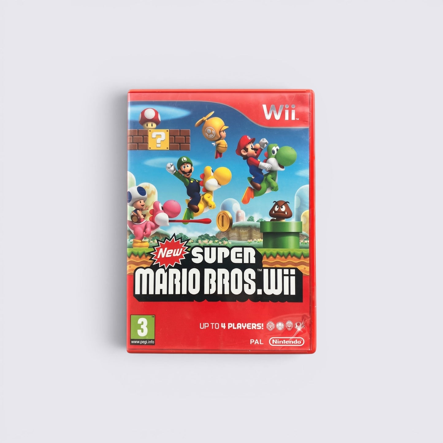 MrPixel New Super Mario Bros. Wii game case featuring Mario, Luigi, Toad, and Yoshi on a bright red background.
