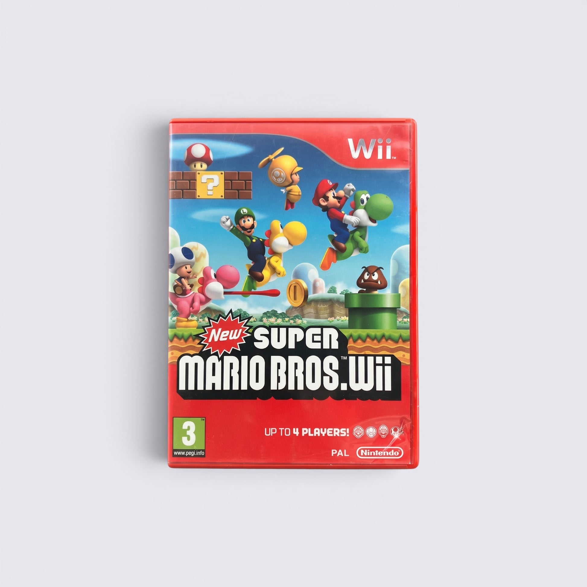 MrPixel New Super Mario Bros. Wii game case featuring Mario, Luigi, Toad, and Yoshi on a bright red background.