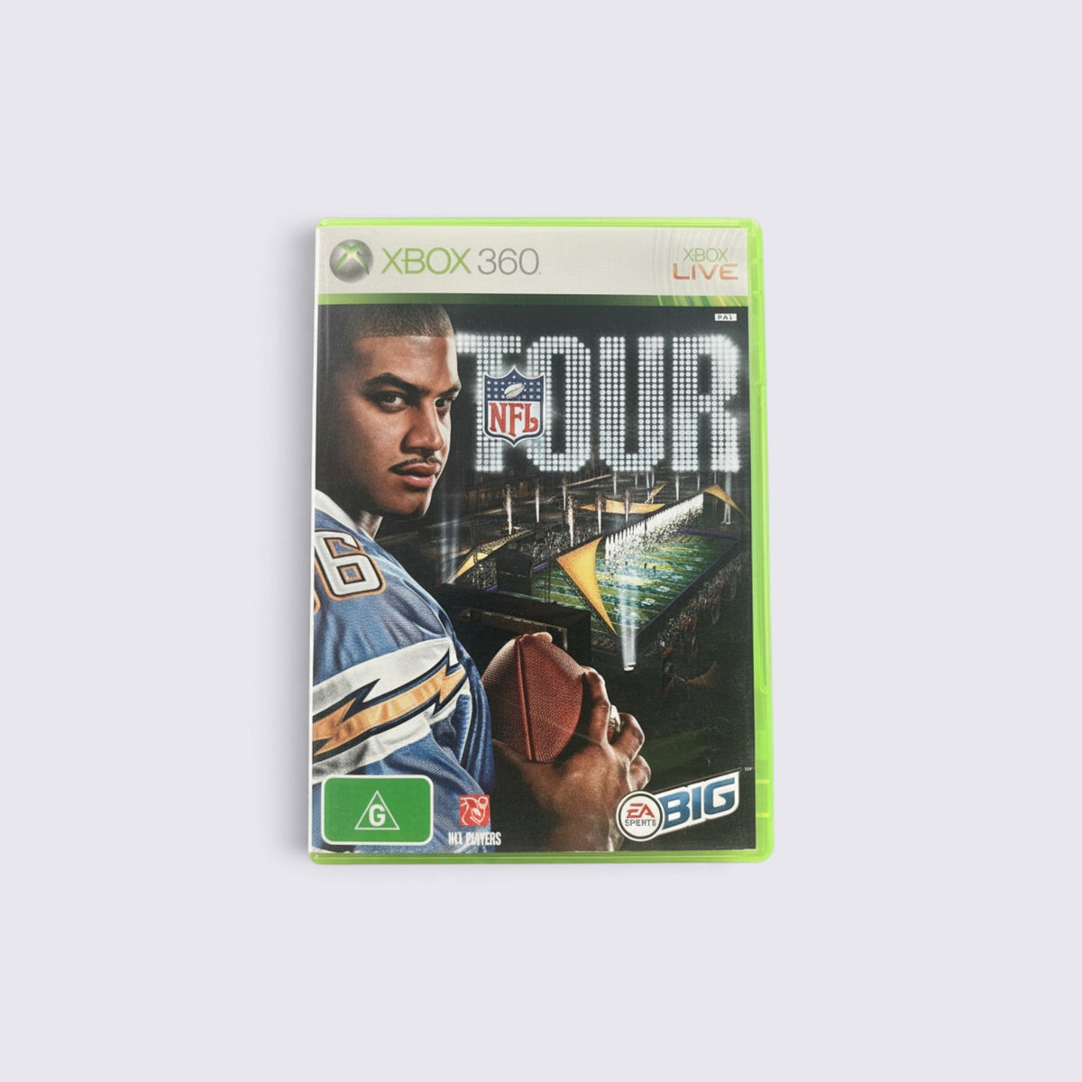 MrPixel NFL Tour Xbox 360 game case featuring NFL football player artwork and EA Sports branding