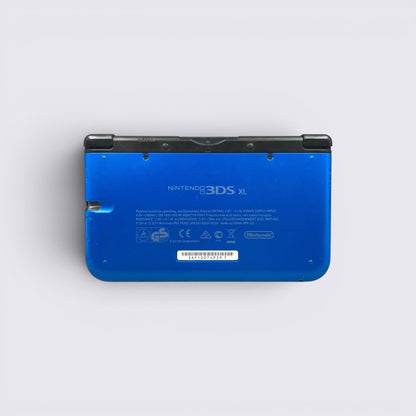 MrPixel Nintendo 3DS XL handheld gaming console in metallic blue and black, rear view showing model details.
