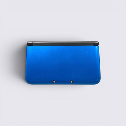 MrPixel Nintendo 3DS XL handheld gaming console in metallic blue and black, closed view showing dual outer cameras.