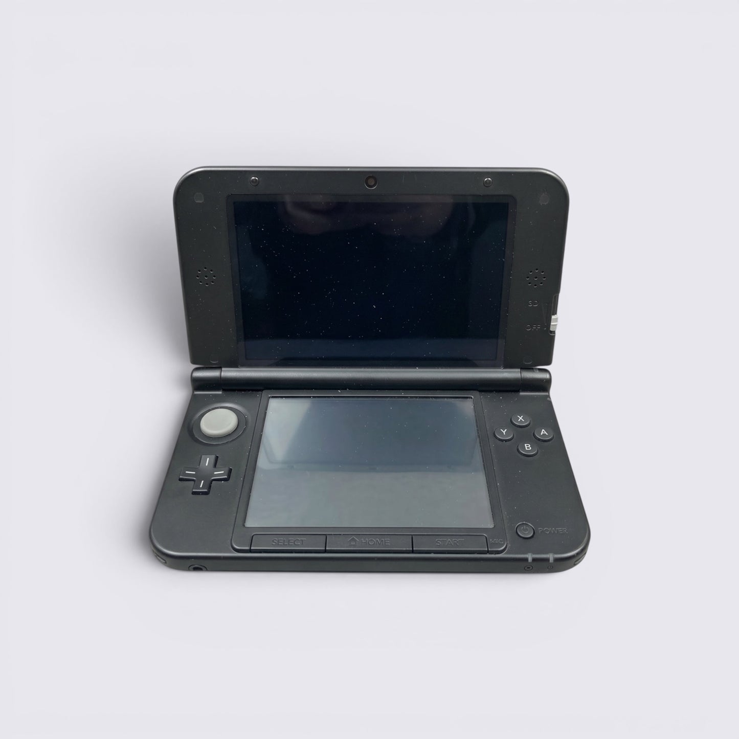 MrPixel Nintendo 3DS XL handheld gaming console in blue and black with dual screens and classic control layout