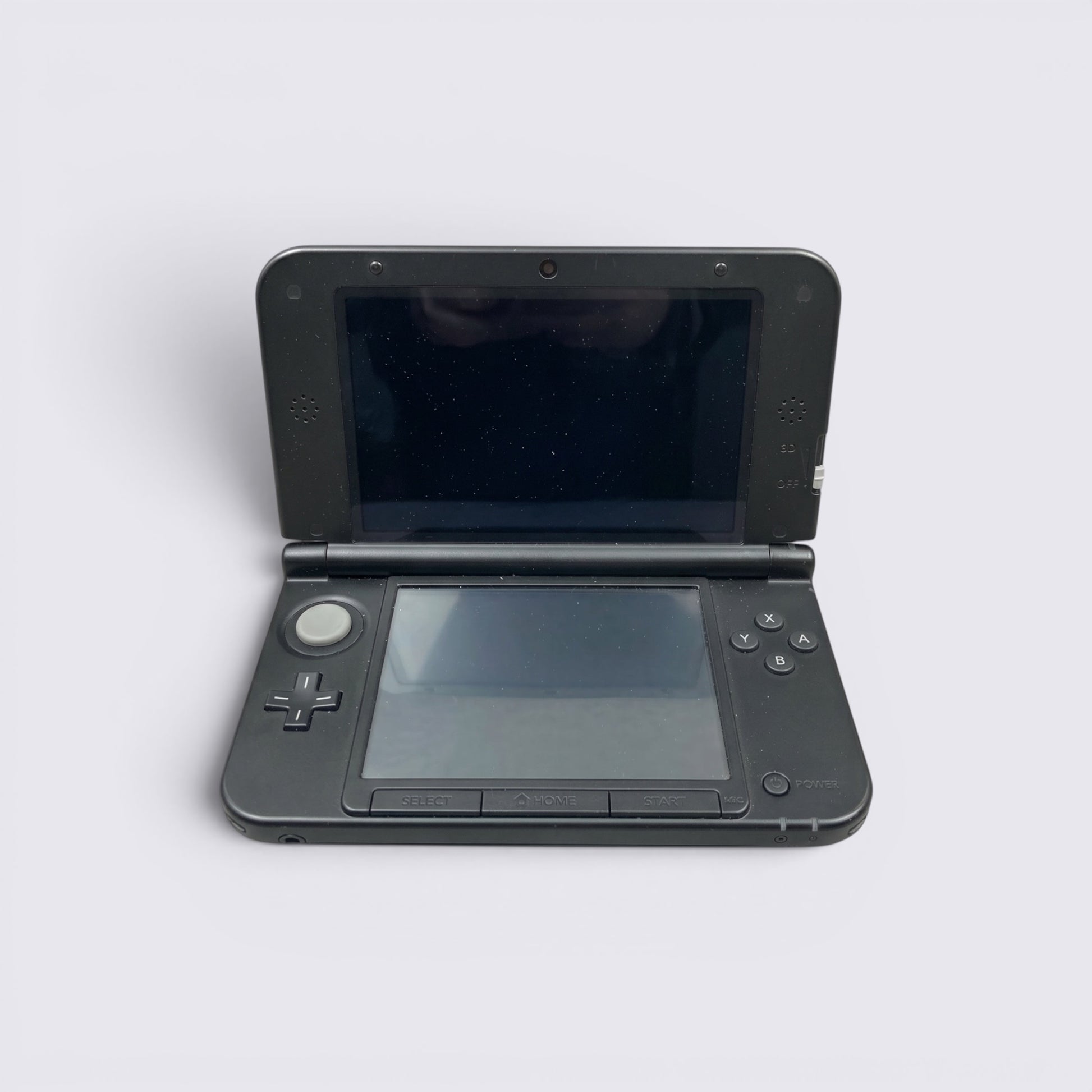 MrPixel Nintendo 3DS XL handheld gaming console in blue and black with dual screens and classic control layout