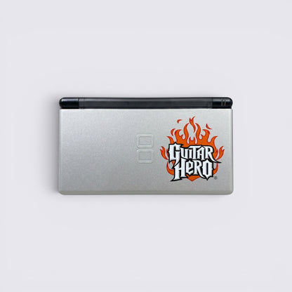MrPixel Nintendo DS Lite Guitar Hero Edition console in silver with iconic flame logo on the lid