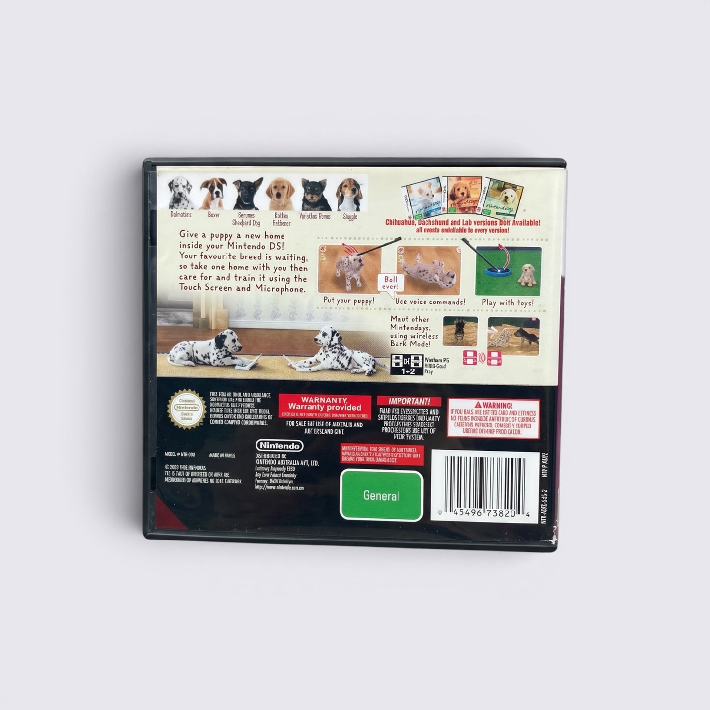 Back cover of MrPixel Nintendogs: Dalmatian & Friends for Nintendo DS showing gameplay features and dog breeds.