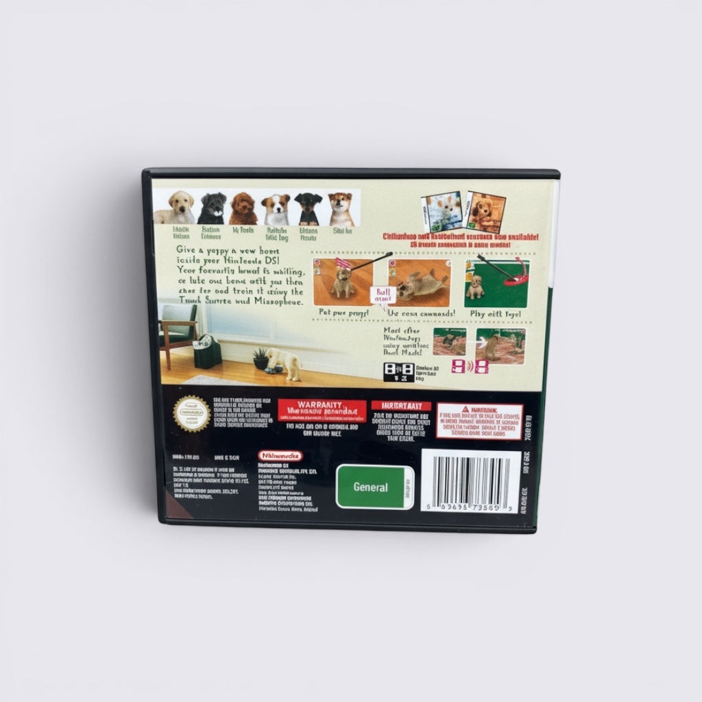 Back cover of MrPixel Nintendogs: Lab & Friends for Nintendo DS showing gameplay screenshots and puppy breeds.