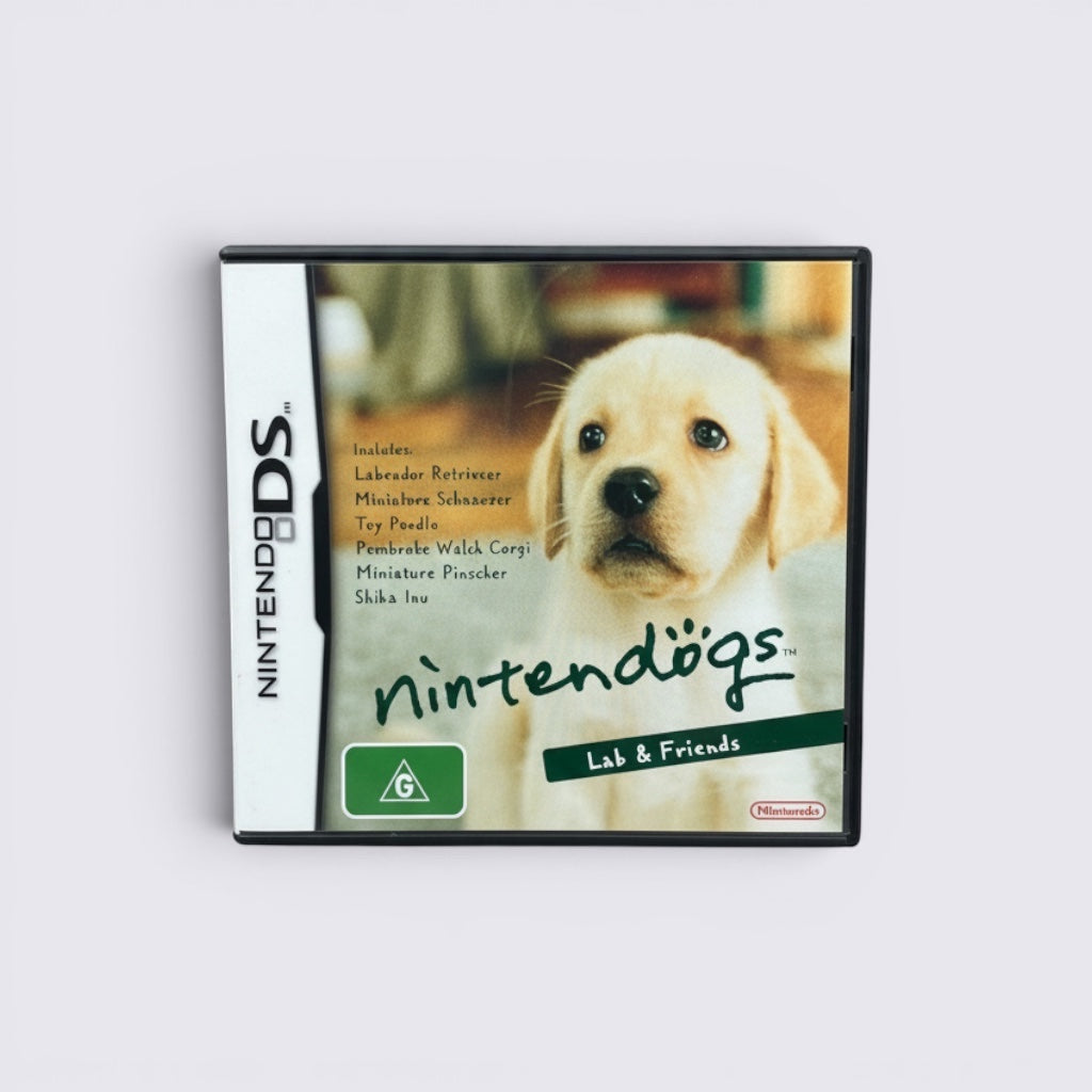 MrPixel Nintendogs Lab & Friends Nintendo DS game case featuring a cute yellow Labrador puppy portrait