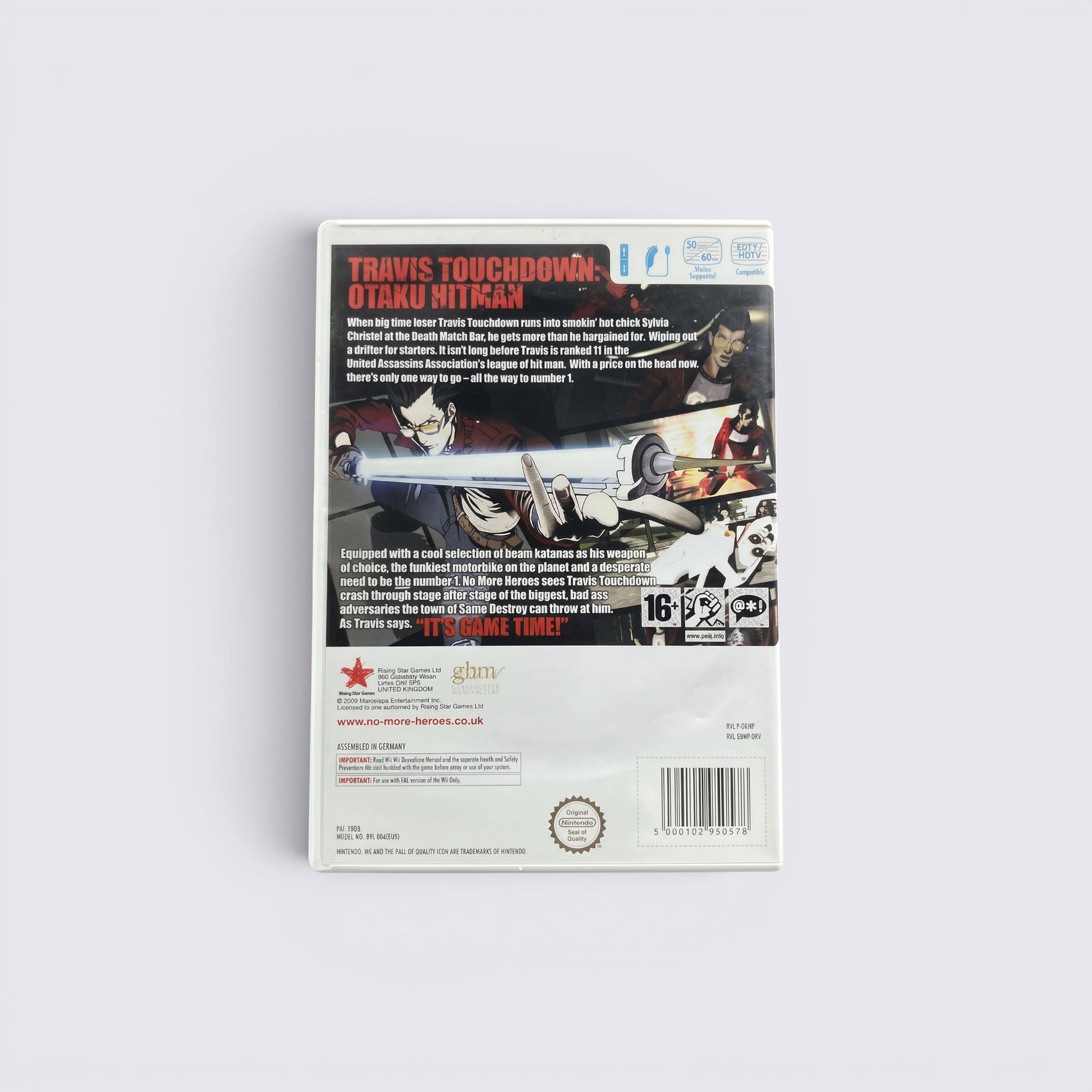 MrPixel No More Heroes Wii game back cover featuring Travis Touchdown and game details in a white plastic case.