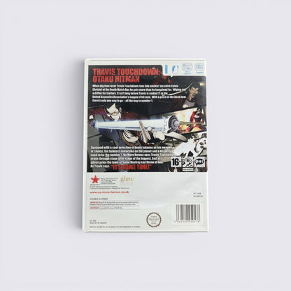 MrPixel No More Heroes Wii game back cover featuring Travis Touchdown and game details in a white plastic case.