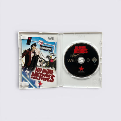 MrPixel No More Heroes Wii game case open with instruction booklet and game disc featuring Travis Touchdown artwork