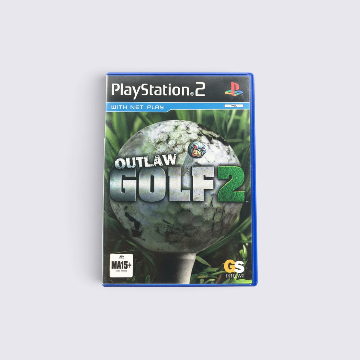 MrPixel Outlaw Golf 2 game case for PlayStation 2 featuring a golf ball graphic on a green grass background