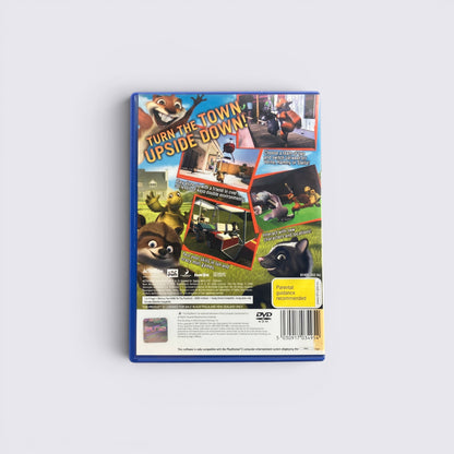 MrPixel Over the Hedge PlayStation 2 game case back cover featuring character art and gameplay screenshots.
