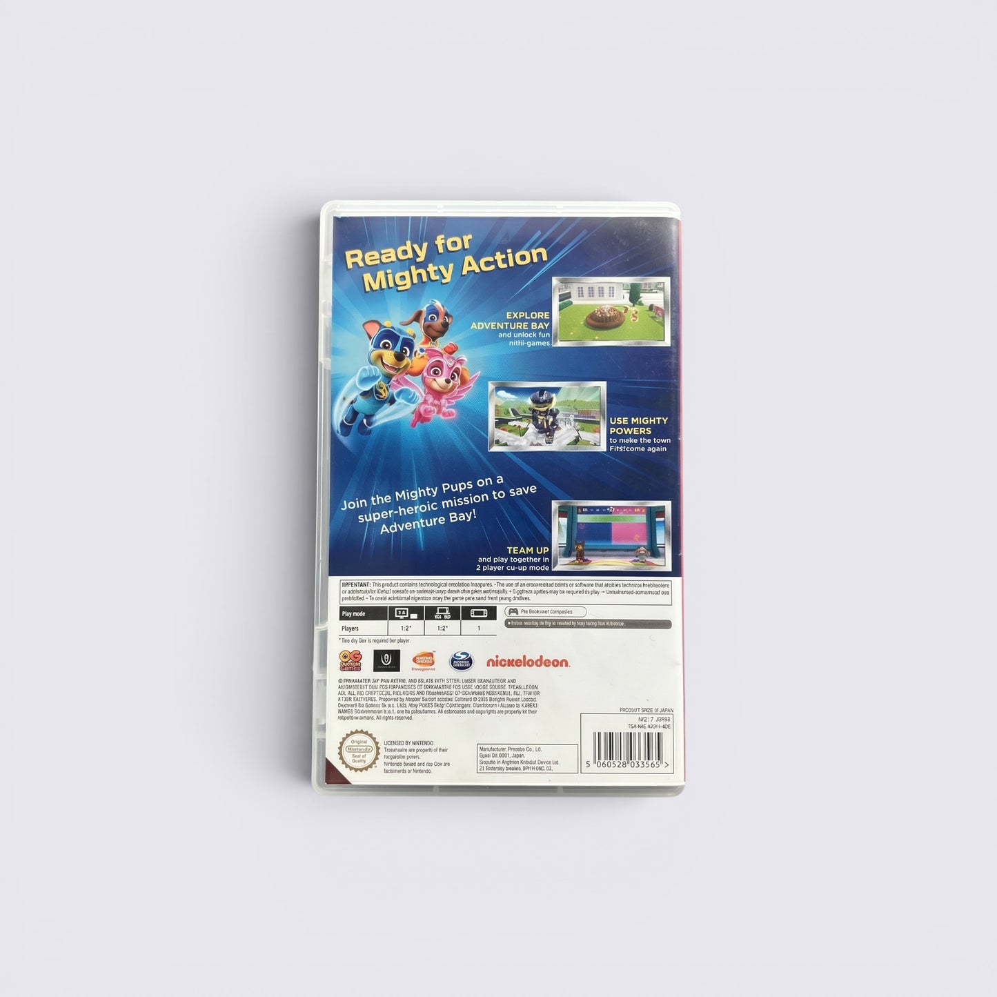 MrPixel back cover of PAW Patrol Mighty Pups Save Adventure Bay Nintendo Switch game showing gameplay screenshots