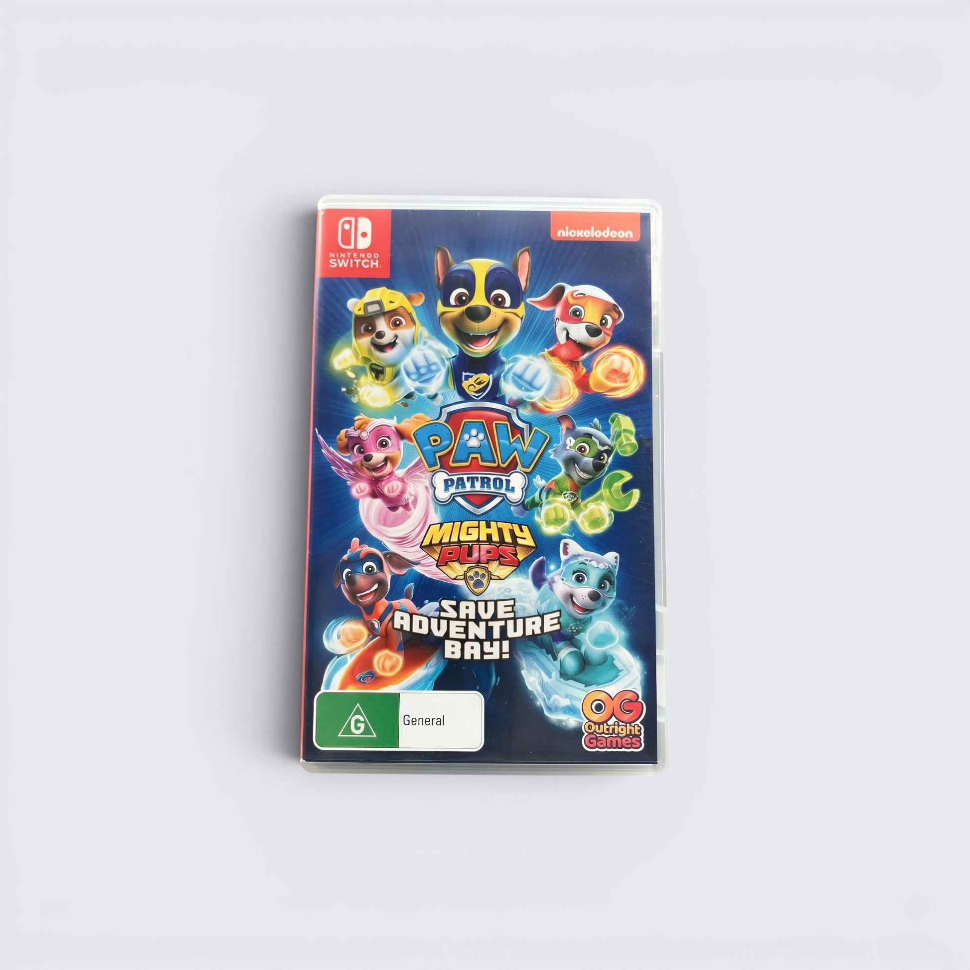 MrPixel PAW Patrol Mighty Pups Save Adventure Bay game case for Nintendo Switch featuring the heroic pup team.